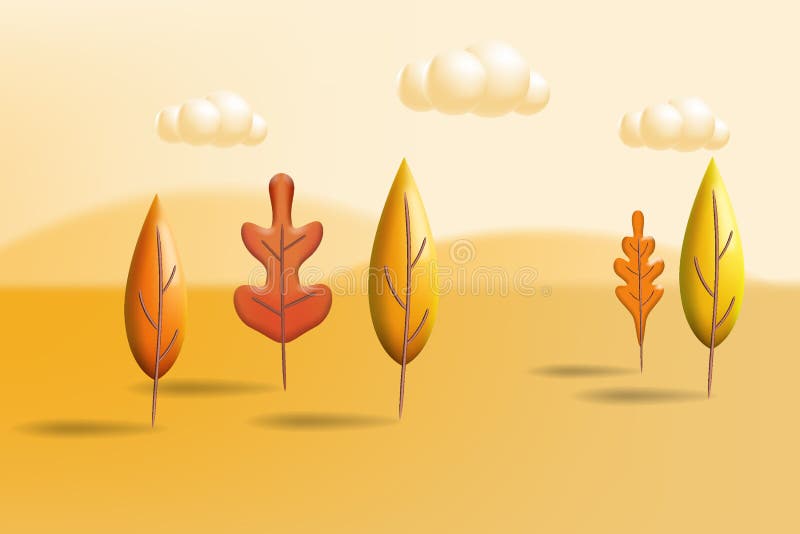 Autumn landscape trees leaves 3D yellow, red, brown, orange colors. Fall nature, clouds. Minimal 3d render plasticine