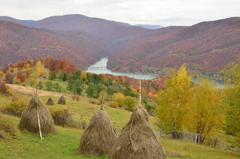 Autumn landscape view with lake