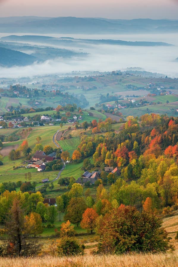 Autumn landscape with village, Slovakia.