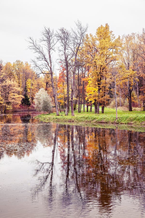 Autumn Landscape with Yellow and Orange Trees and Reflection in Stock ...