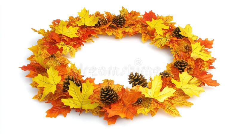 Autumn leaf and pine cone wreath, white background, fall decoration. Wedding cone stock images, royalty-free photos and pictures