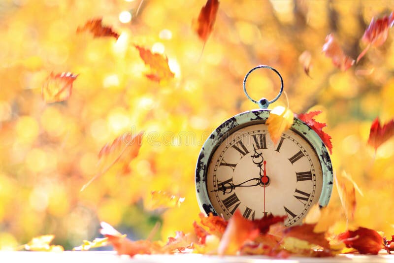 Autumn leaves blowing in the wind across a clock royalty free stock images