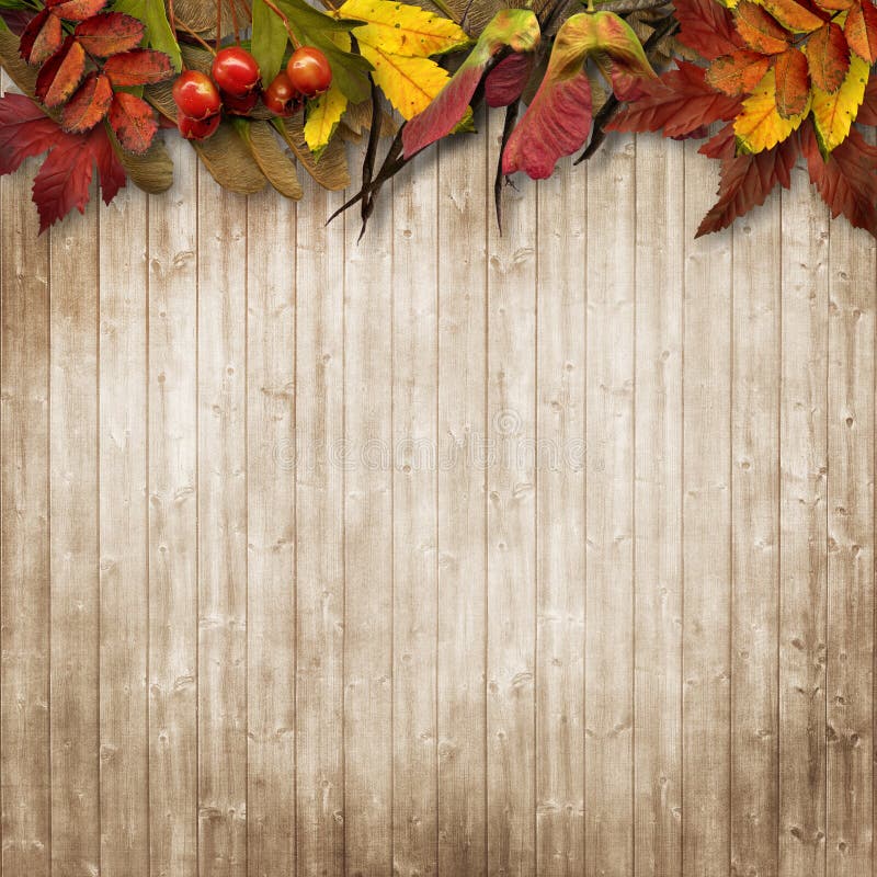 Autumn Leaves Border On Vintage Wooden Background Stock Photo - Image ...