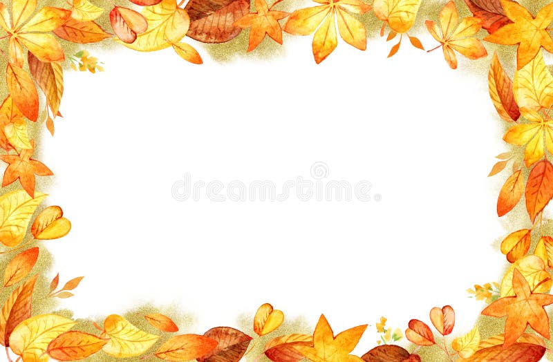 Autumn Leaves Fall horizontal Frame Template Watercolor Isolated Leaf Border. gold glitter forms. Template for DIY