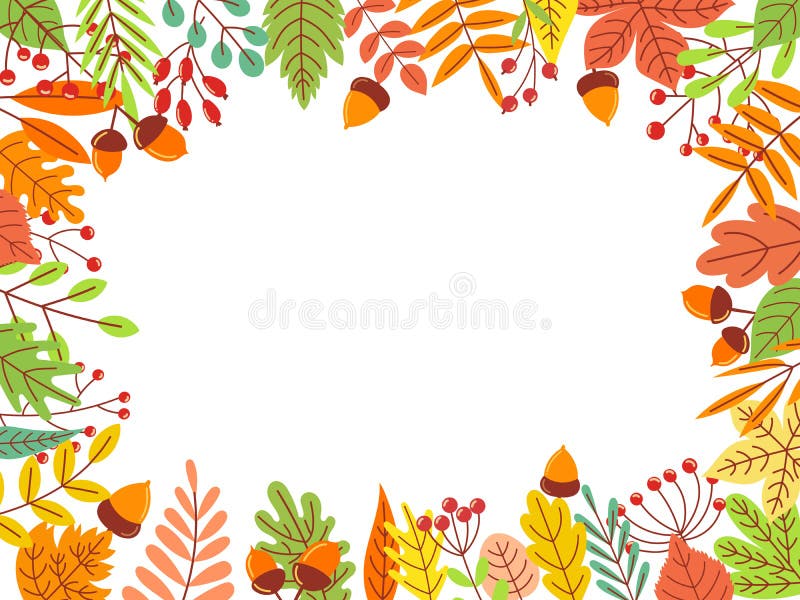 Autumn leaves frame. Fallen yellow leaf, september foliage and autumnal garden leaves border vector illustration