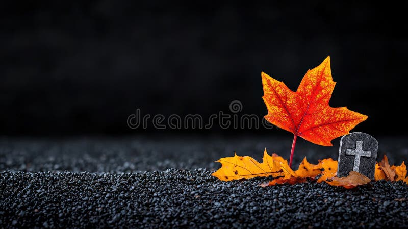 Autumn leaves with a gravestone on a dark background eerie yet beautiful composition royalty free illustration
