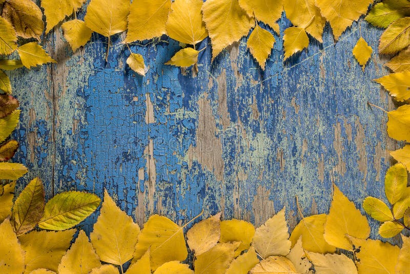 Autumn leaves on wooden table background