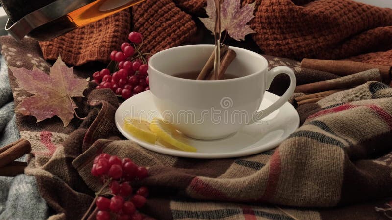 Autumn mood concept. Hot tea pouring with lemon and cinnamon sticks on cozy sweater scarf background. Fall leaves and