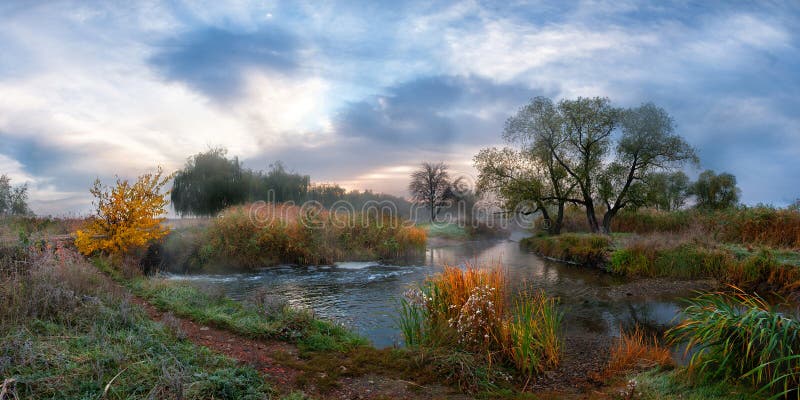 Autumn morning river with fog