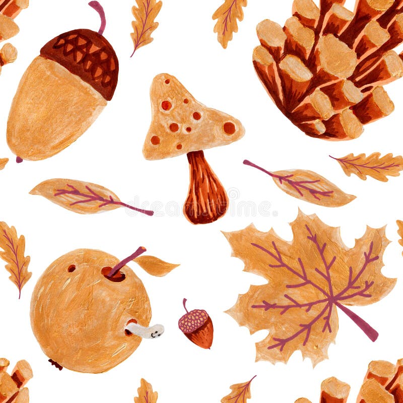 Autumn nature seamless pattern. Hand drawn texture with, yellow and orange tree leaves, acorn and cone on white background. season wallpaper