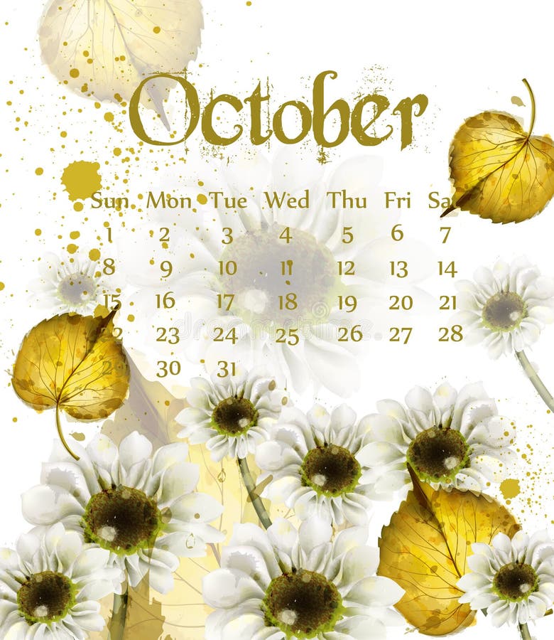 Autumn October Calendar with Golden Leaves Vector. Fall Watercolor