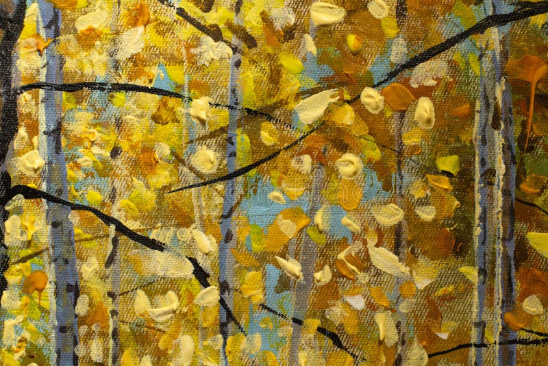 Autumn oil painting landscape, beautiful fragments of birch trees, branches, autumn foliage in forest on canvas. Modern Impressionism autumn Impasto artwork. Autumn oil painting landscape, beautiful fragments of birch trees, branches, autumn foliage in forest on canvas. Modern Impressionism autumn Impasto artwork