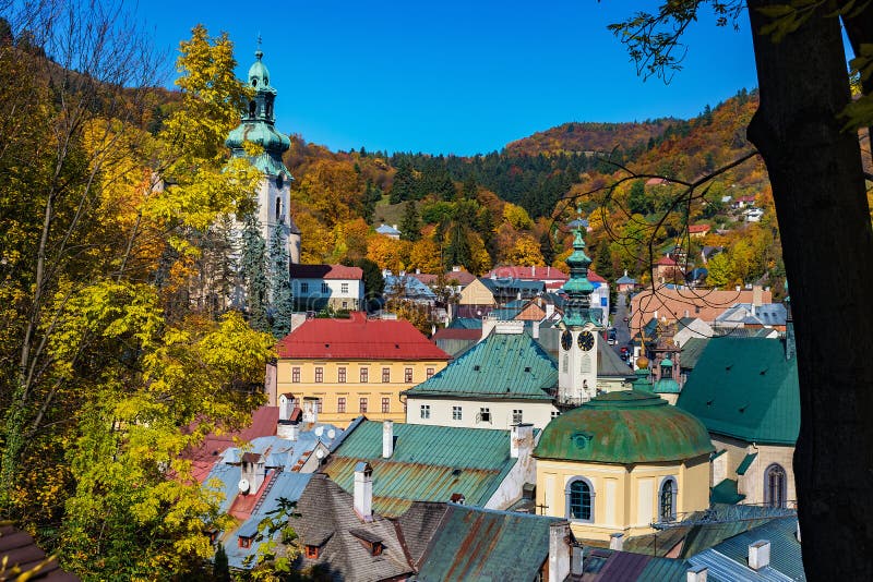 Autumn in old town with historical buildings in Banska Stiavnica, Slovakia, UNESCO