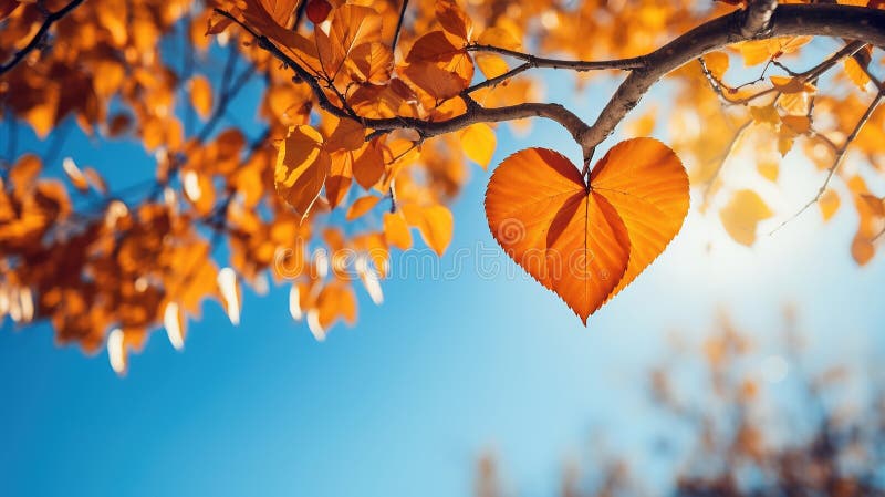 Autumn orange maple leaf heart shape on background of sky. Generative AI