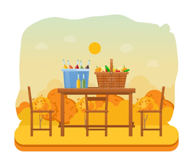 Autumn outdoor picnic in park. Set products, vegetables, drinks.