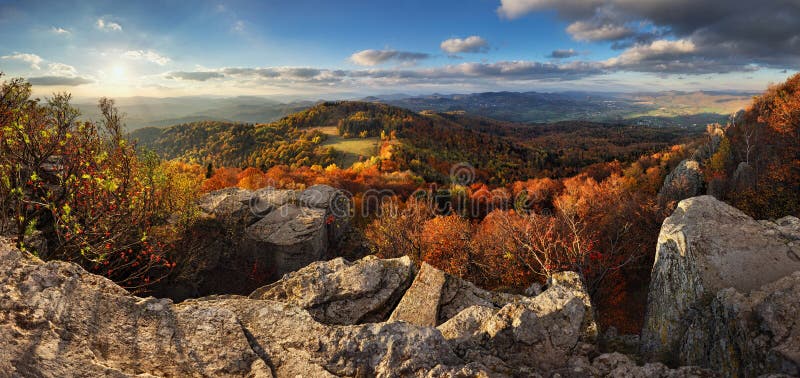 Autumn panorama with forest from peak Sitno, Banska Stiavnica
