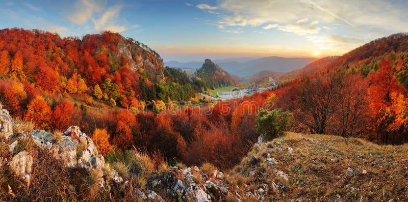 Autumn panorama landscape at sunset in Slovakia, Vrsatec