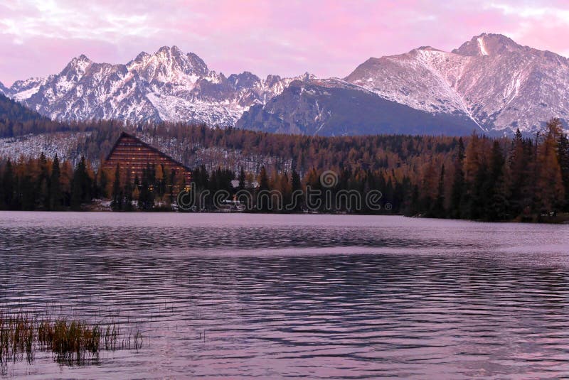 Autumn panorama view on Strbske pleso in High Tatras with Patria hotel