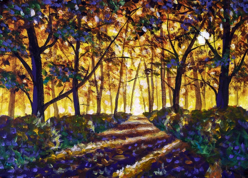 Autumn park alley - oil acrylic painting art - gold orange autumn road in forest landscape