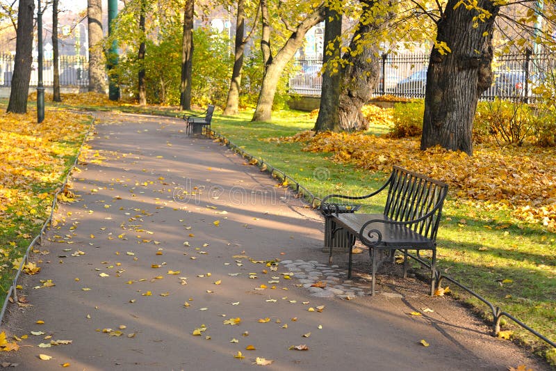 Autumn Park avec des feuilles tombées et un banc images libres de droits Autumn Park avec des feuilles tombées et un banc images libres de droits