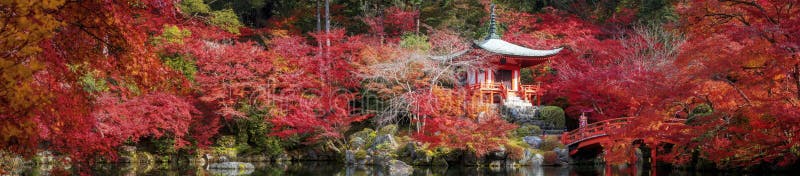 Autumn park in Daigoji templa with wooded bridge and pagoda in Kyoto city