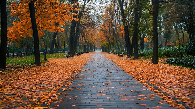 Autumn in the park with falling leaves on paved path between the trees royalty free illustration