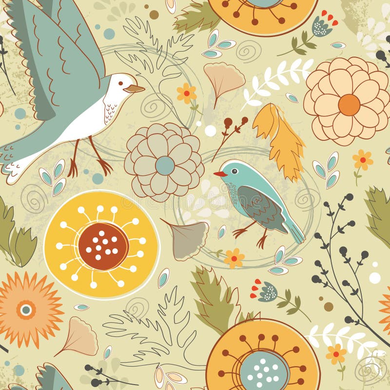 Autumn pattern with birds, flowers and leaves