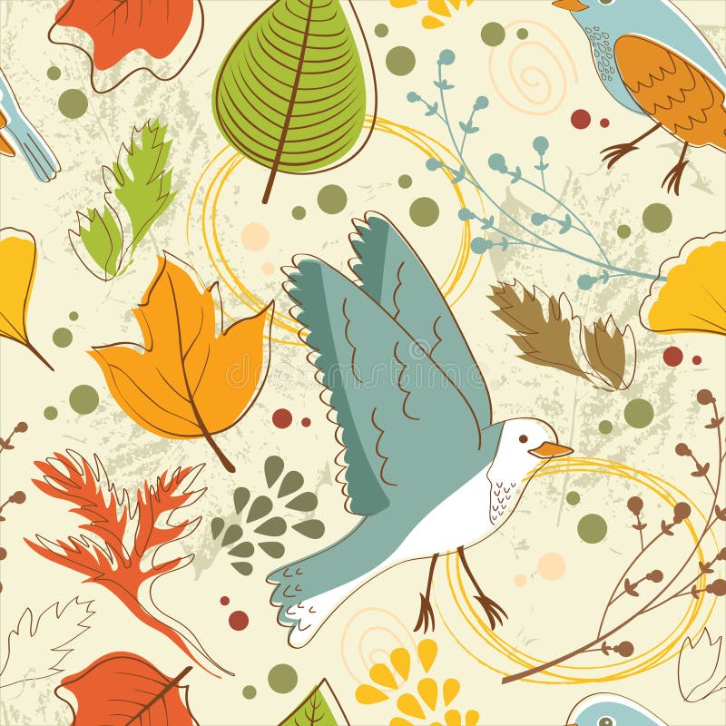 Autumn pattern with leaves and birds