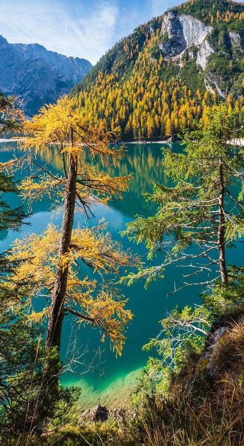 Autumn peaceful alpine lake Braies or Pragser Wildsee. Fanes-Sennes-Prags national park, South Tyrol, Dolomites Alps, Italy