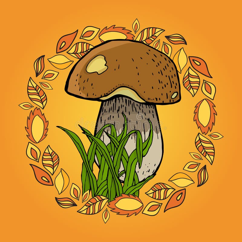 Obrázek houba, tráva a listy.