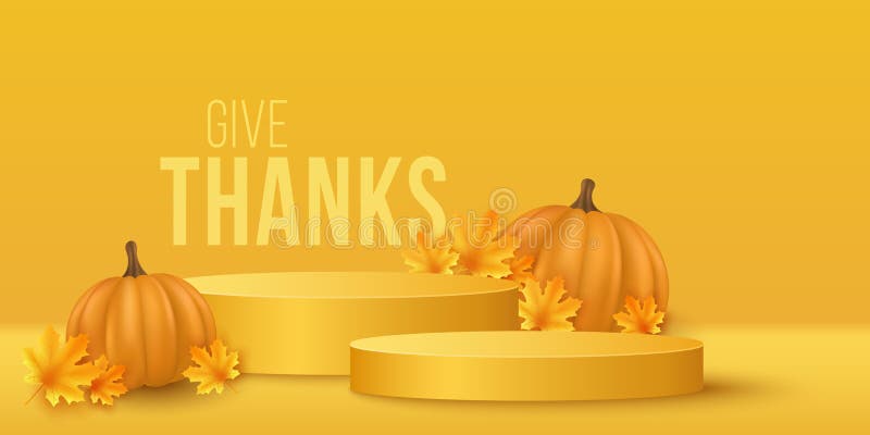 Autumn podium with realistic 3d pumpkin and maple leaves to display your brand products for Thanksgiving. Minimal empty scene. vector illustration