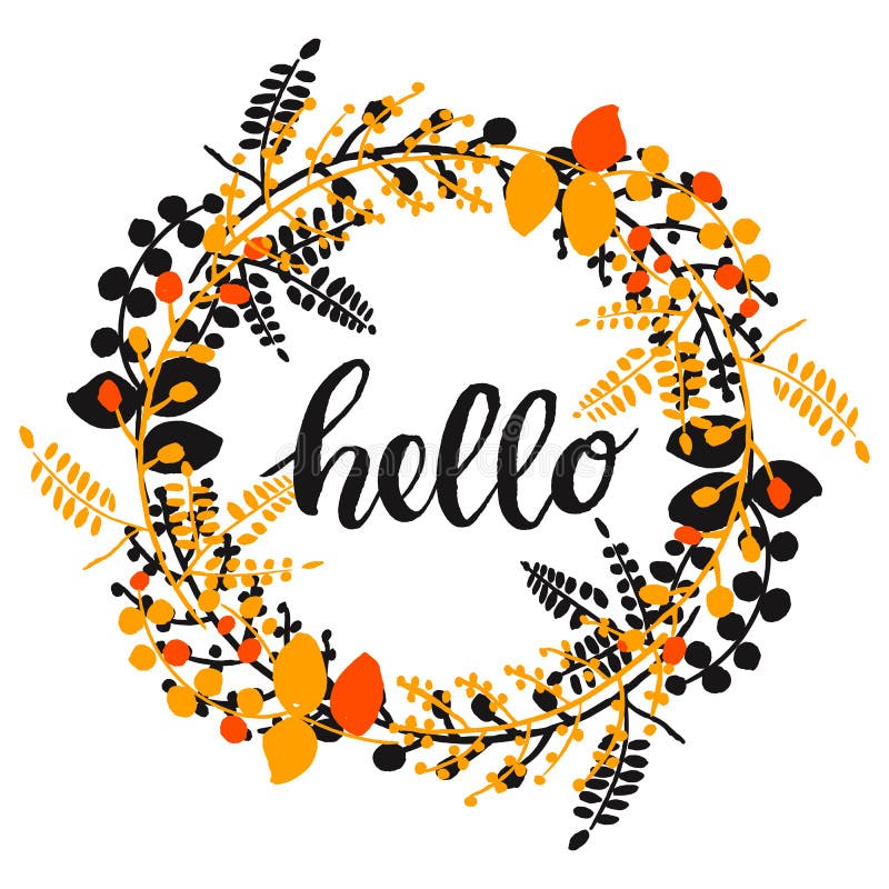 Autumn pretty background with hand drawn plants in a circle and word hello vector illustration