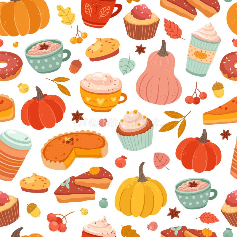 Autumn pumpkin pattern. Pumpkins spice, cinnamon hot drink and pastry print. Thanksgiving food, pie cake coffee vector