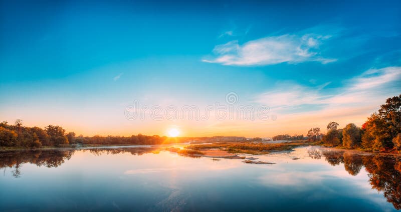 Autumn River Landscape In Belarus Or European Part Of Russia At Sunset