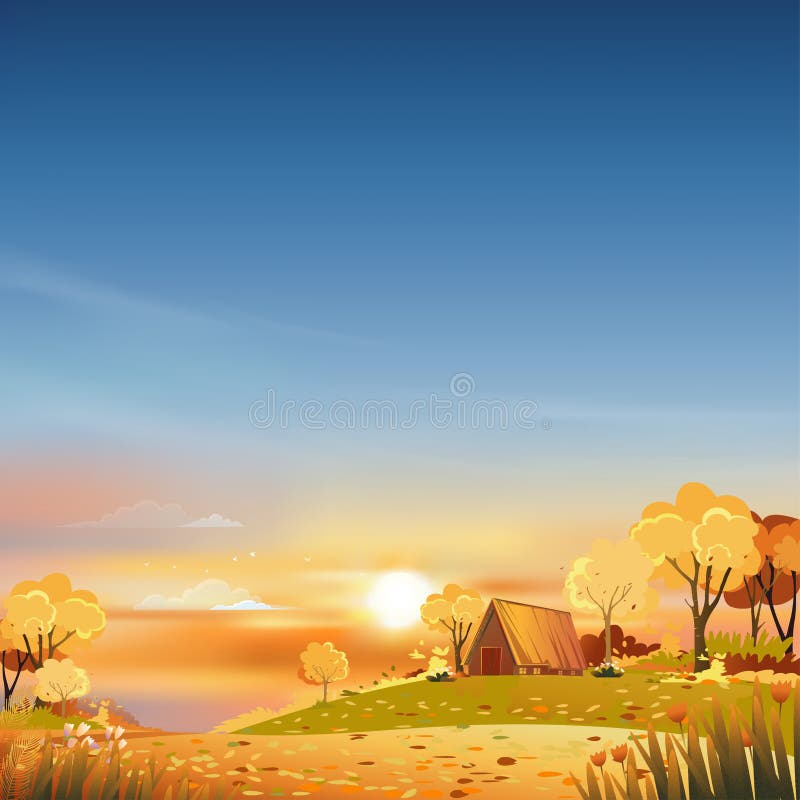Autumn rural landscape sunset with orange and blue sky background,Vector Cartoon backdrop of natural in fall season with sunrise