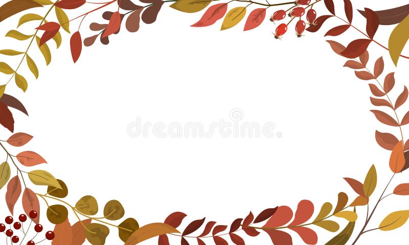 Autumn rustic forest leaves and greenery border frame in burgundy, yellow, and brown colors