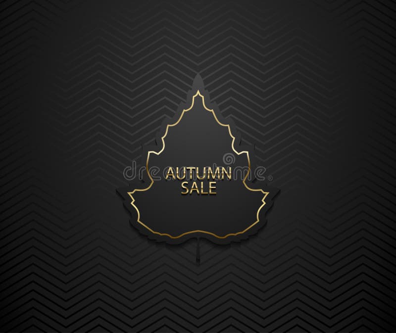 Autumn sale vector luxury banner. Golden text and frame on black tree leaf frame. Dark geometric zigzag pattern background