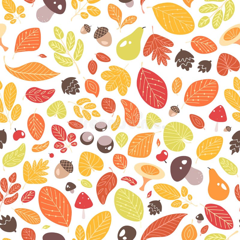 Autumn seamless pattern with fallen leaves or dried foliage, acorns, fruits, nuts and mushrooms on white background