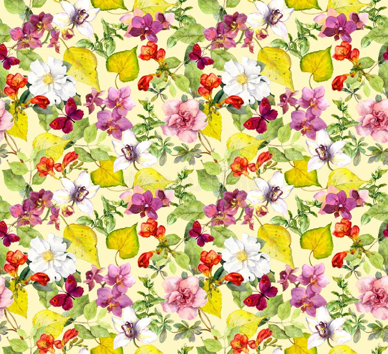 Autumn seamless pattern. Yellow leaves, flowers. Floral watercolor background