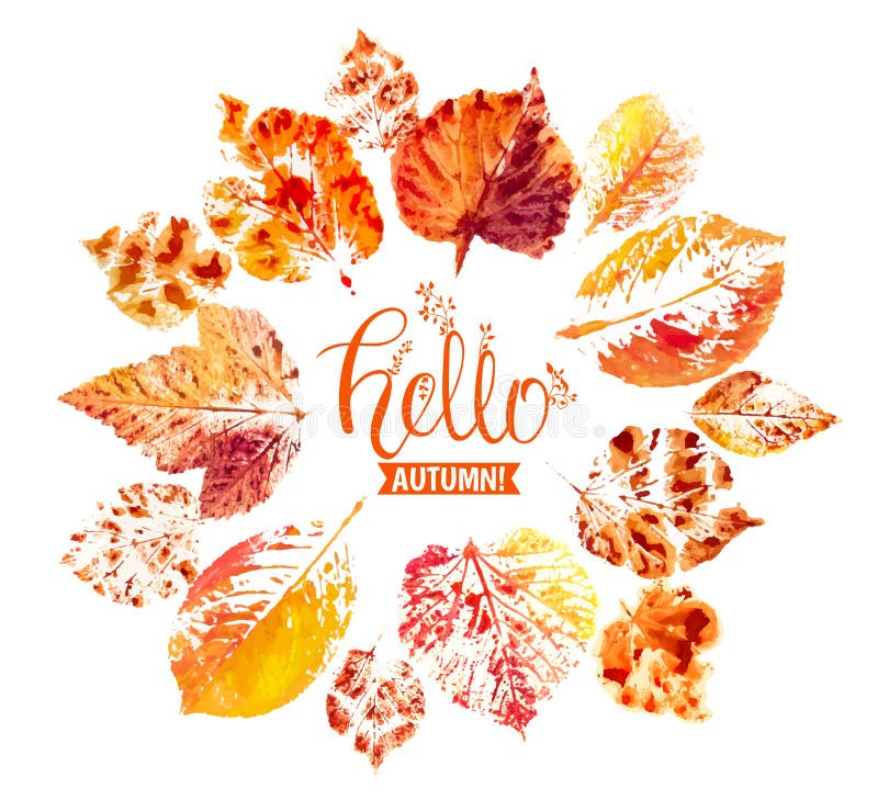 Autumn season banner. Greeting card with inscription Hello, Autumn and hand drawn watercolor fall leaves. Modern design