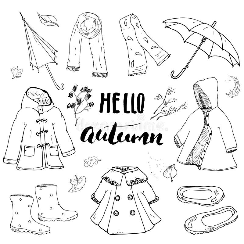 Autumn Season Clothes Set. Hand Drawn Doodles and Lettering Vector ...