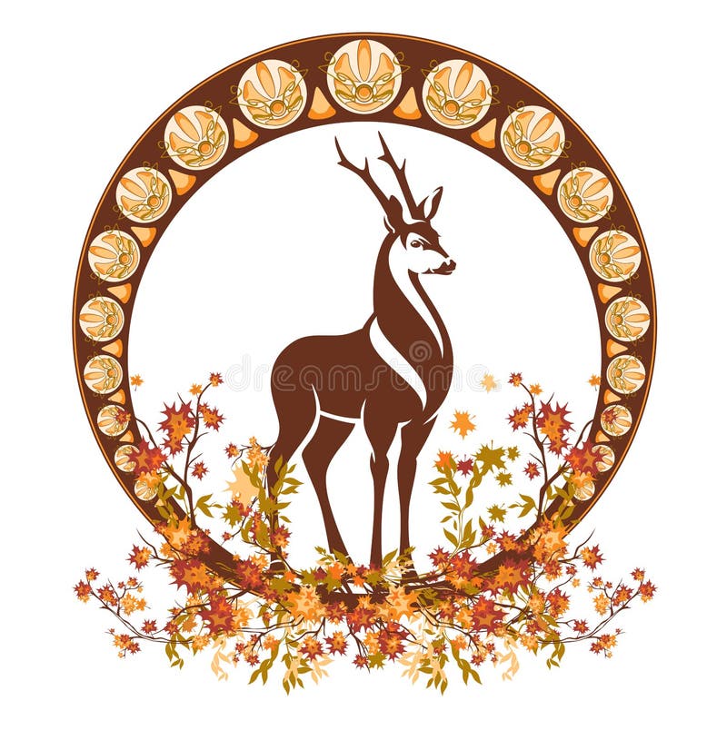 Autumn season fauna and flora art nouveau style vector frame