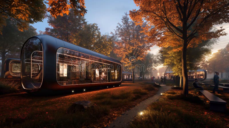 Autumn Serenity: Futuristic Modular Living in Nature's Embrace royalty free stock photo