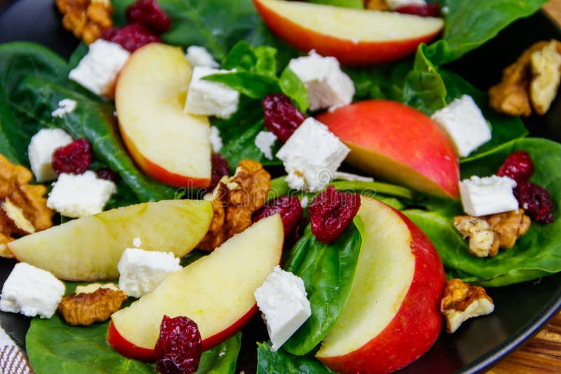 Autumn Spinach Salad with Apple, Feta Cheese, Walnut and Dried