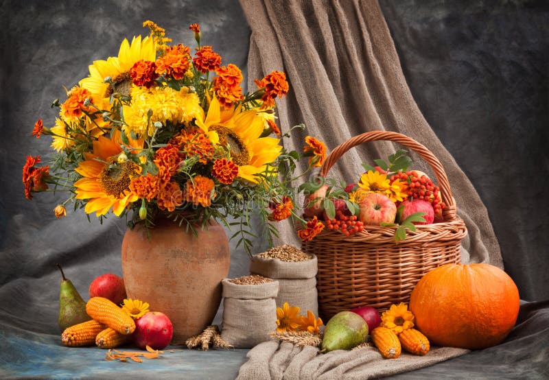 Autumn still life. Flower, fruit and vegetables