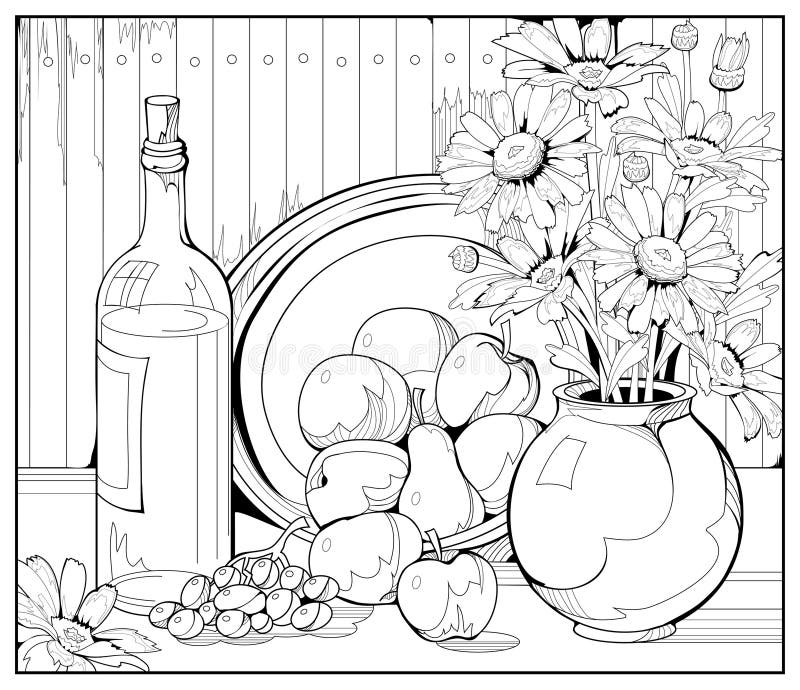 Autumn still life with fruits and flowers. Coloring book for children and adults. Image in zen-tangle style. Printable page for