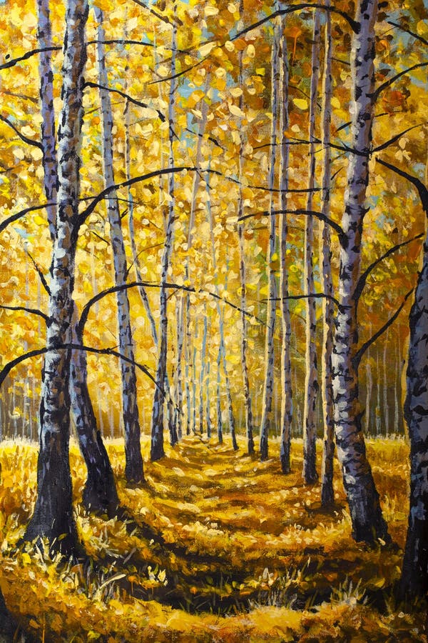 Autumn sunny park alley forest oil painting with beautiful autumn birch trees with golden foliage and sunbeams on canvas orange landscape artwork. Autumn sunny park alley forest oil painting with beautiful autumn birch trees with golden foliage and sunbeams on canvas orange landscape artwork