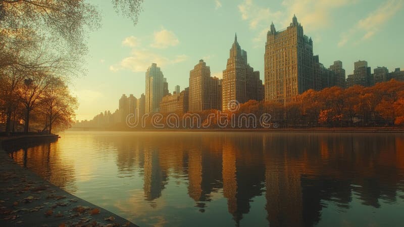 Autumn Sunrise Cityscape Refléter sur l'eau calme illustration de vecteur