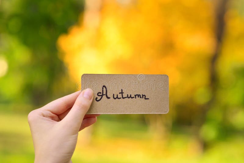 Autumn text on a card. Girl holding card in autumn park in sunny rays royalty free stock photo Autumn text on a card. Girl holding card in autumn park in sunny rays royalty free stock photo