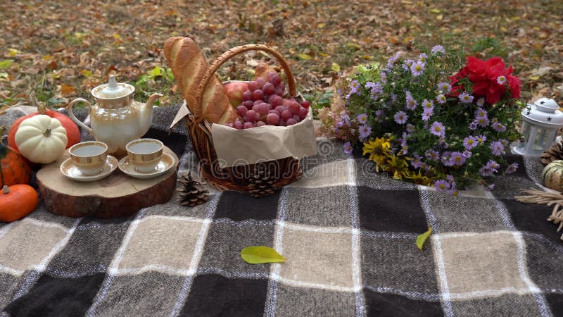 Autumn thanksgiving still life picnic with pumpkins, flowers, tea and fruits in the basket